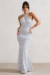Unstoppable | White Polka Dot Satin Cross Over Halter Neck Maxi Dress